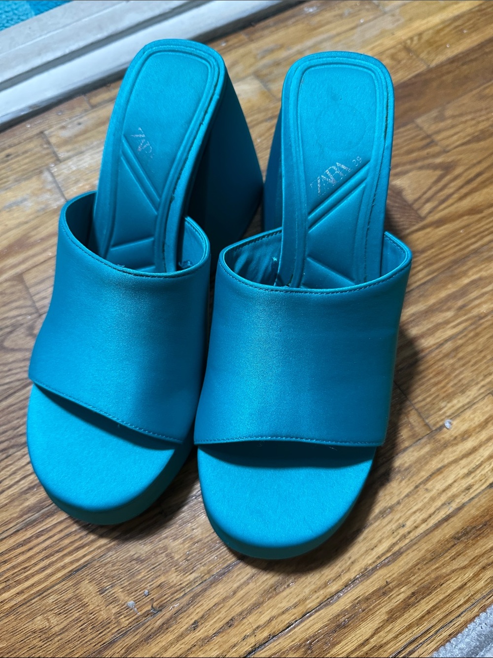 Zara Teal Block Heel Slide Mules